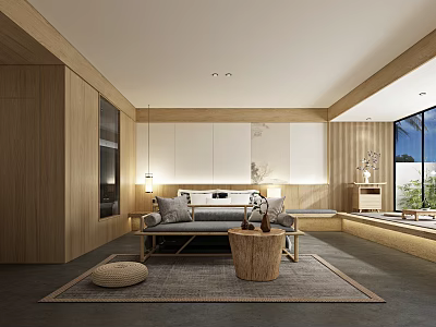 Modern Hotel Guest Room With Wooden Elements Bed Area Rug And Window Seat Area 3d model