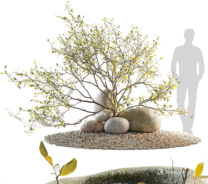 Natural Stone and Wood Tree Branches with Pebbles on Garden Ground Landscape 3d model 