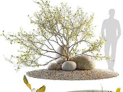 Natural Stone and Wood Tree Branches with Pebbles on Garden Ground Landscape 3d model