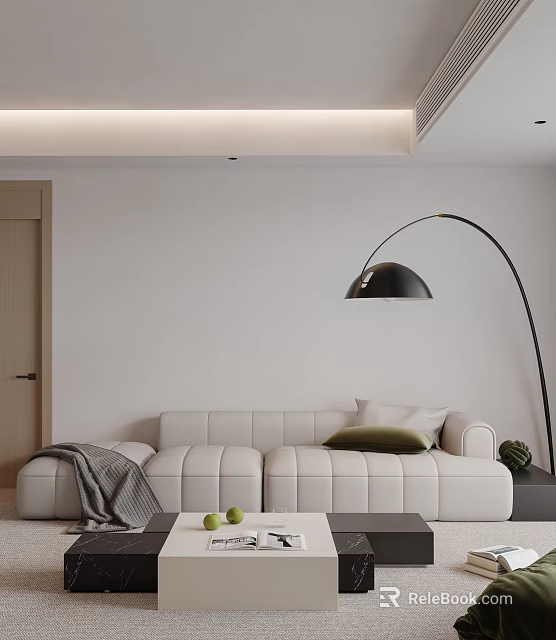 White Modern Sofa And Coffee Table Set With Green Pillow Gray Blanket Black Floor Lamp 3d model 