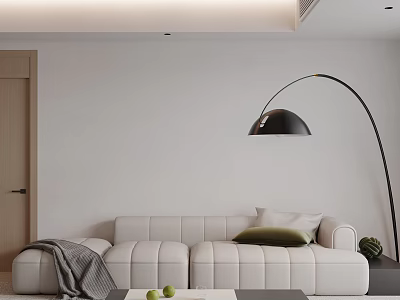 White Modern Sofa And Coffee Table Set With Green Pillow Gray Blanket Black Floor Lamp 3d model