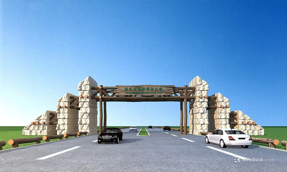 Stone and Wooden Entrance Gate Archway With Wide Road And Cars Driving Under Blue Sky 3d model 