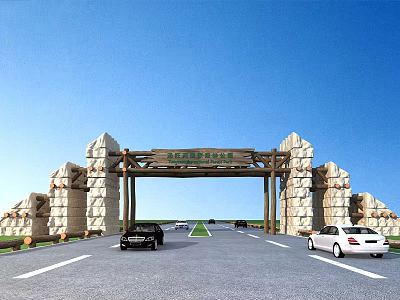 Stone and Wooden Entrance Gate Archway With Wide Road And Cars Driving Under Blue Sky 3d model