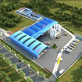 Modern Industrial Factory Plant With Blue Roof Structure Surrounded by Green Trees and Parking Area