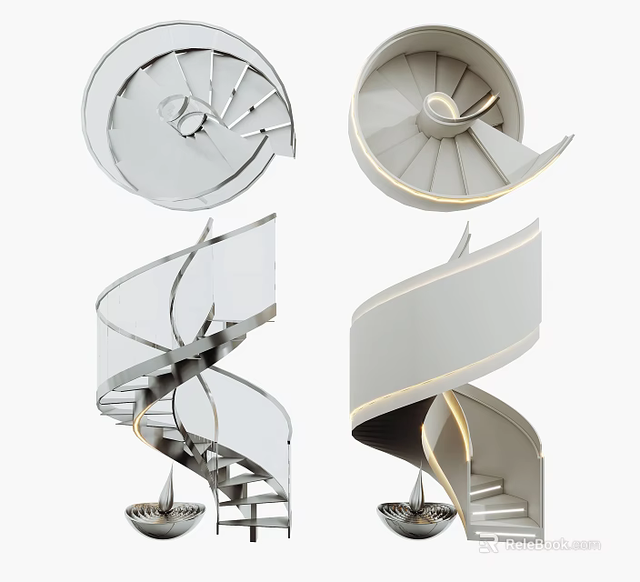 Modern Spiral Staircase Interior With Glass Railing Metal Structure And Lighting 3d model 