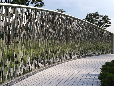 Modern Curved Feature Wall With Geometric Metal Panels And Lush Greenery 3d model