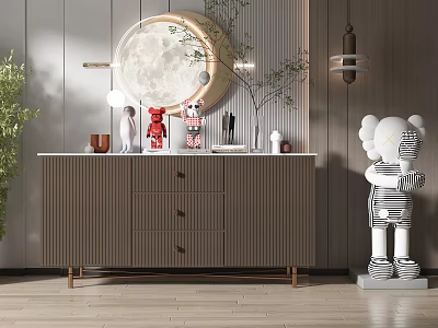Modern Minimalist Entryway Cabinet Sideboard Interior With Circular Mirror Green Plant And Decorative Drawers 3d model