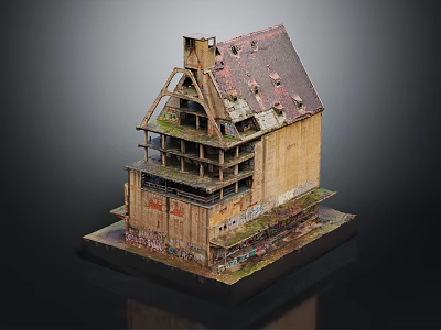 Cartoon Scene Featuring Dilapidated Wooden House with Multiple Floors Broken Roof Graffiti and Moss 3d model