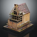Cartoon Scene Featuring Dilapidated Wooden House with Multiple Floors Broken Roof Graffiti and Moss