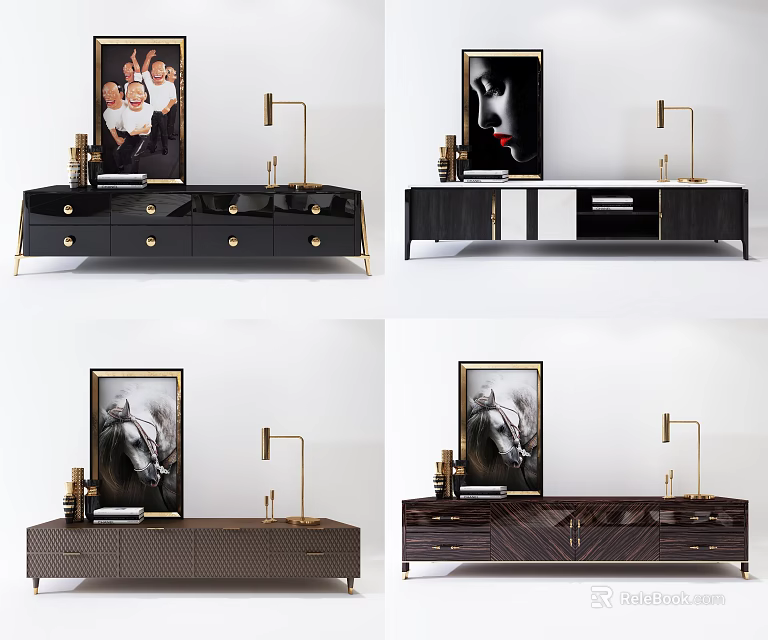 Modern TV Stand With Metal Accents Drawer Storage And Table Lamp Decor 3d model 