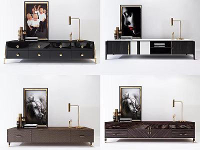 Modern TV Stand With Metal Accents Drawer Storage And Table Lamp Decor 3d model
