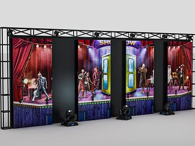 Vibrant Stage Themed Posters On Display Frames With Characters Lighting And Curtain Backdrop 3d model