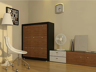 Modern Wooden Entryway Cabinet and Side Cabinet With White Chair Floor Lamp and Wall Clock 3d model