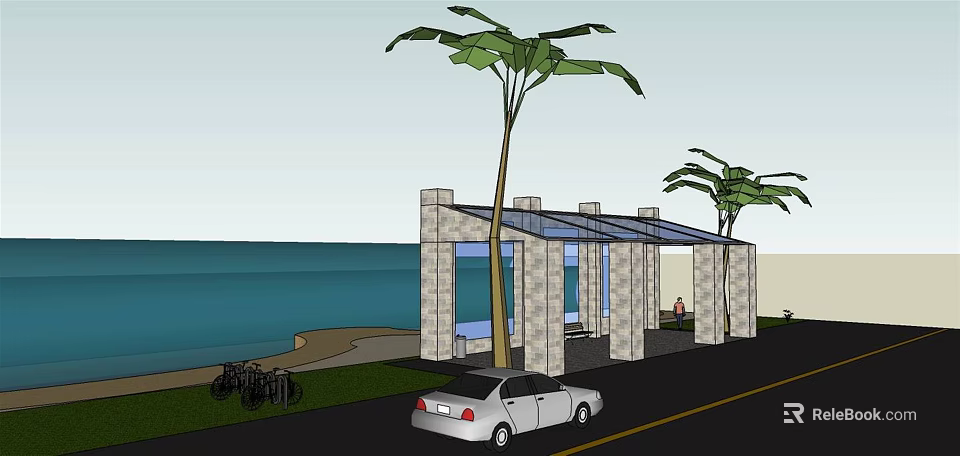 Coastal Bus Station With Stone Structure Glass Roof Palm Trees And Ocean View 3d model 