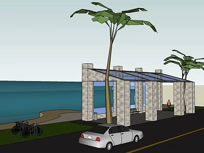 Coastal Bus Station With Stone Structure Glass Roof Palm Trees And Ocean View 3d model