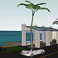 Coastal Bus Station With Stone Structure Glass Roof Palm Trees And Ocean View