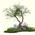 Garden Landscape Featuring Curved Tree with Green Leaves and Colorful Flowers Around Stones