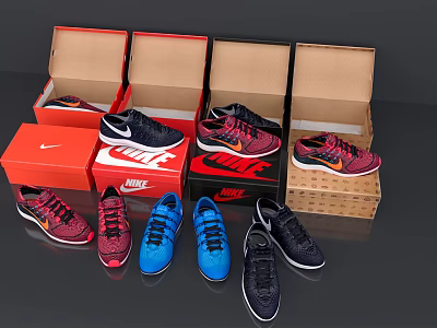 Nike Shoes in Assorted Colors with Some in Boxes and Others Displayed 3d model