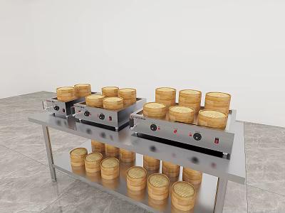 Bamboo Steamers on Stainless Steel Heating Equipment in Modern Kitchen Setting 3d model