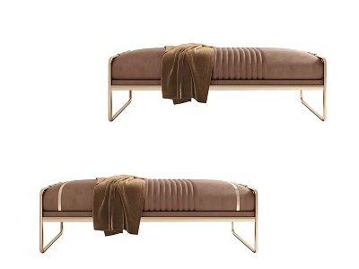 Elegant Modern Living Room Ottoman With Metal Frame Brown Pleated Upholstery And Blanket 3d model