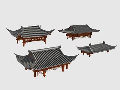 Traditional Chinese Roof Components with Wooden Frames and Tile Designs in Various Styles 3d model