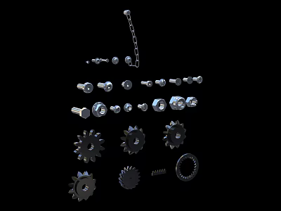 Essential Hardware Tools Featuring Metal Screws Gears Bolts And Chain Components 3d model