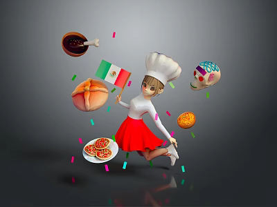 Game Movie Character Chef With Mexican Flag Skeleton Decoration Pizza Chili Pepper And Confetti 3d model