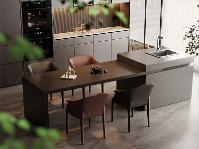 Modern Kitchen Interior With Island Counter Dining Table Chairs And Cabinets 3d model