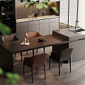 Modern Kitchen Interior With Island Counter Dining Table Chairs And Cabinets 3d model