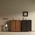 Entryway Cabinet And Side Cabinet With Brown Black Drawers Decorative Items And Wall Art
