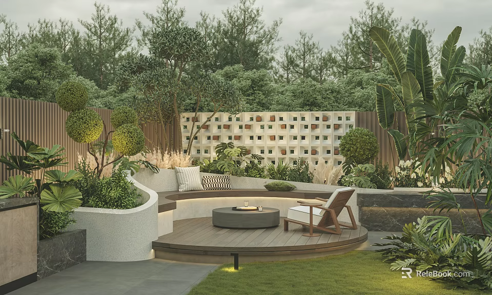 Courtyard Garden Design With Circular Wooden Deck Fire Pit Seating Area And Green Plants 3d model 