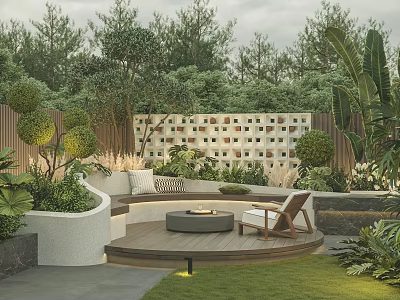 Courtyard Garden Design With Circular Wooden Deck Fire Pit Seating Area And Green Plants 3d model