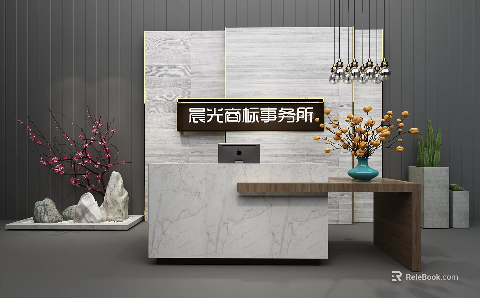 Modern Reception Desk With Marble Surface Backdrop Wall And Decorative Elements 3d model