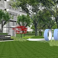 Modern Garden Landscape Design With Plaza Green Plants And Glass Architecture