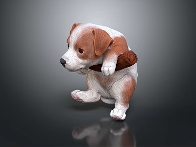 Cute Brown And White Puppy Holding Wooden Stick On Smooth Reflective Surface 3d model