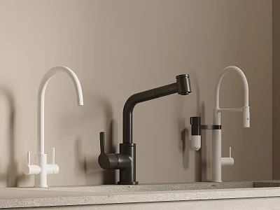 Three Modern White And Black Faucets Mounted On Countertop With Light Wall Background 3d model