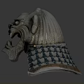 Artistic Samurai Helmet Sculpture With Mythical Beast Face Metal Grid And Brown Edge Details