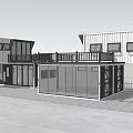 Two Story Container Building With Black White Exterior Large Windows And Balcony