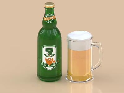Refreshing Green Beer Bottle With Foamy Beer Mug For St Patrick's Day Celebration 3d model