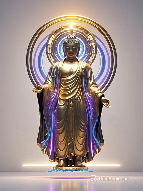 Tech Exhibition Hall Showcasing Golden Buddha Statue With Blue Purple Halos And Flowing Light Effects 3d model 