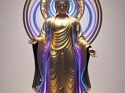 Tech Exhibition Hall Showcasing Golden Buddha Statue With Blue Purple Halos And Flowing Light Effects 3d model