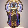 Tech Exhibition Hall Showcasing Golden Buddha Statue With Blue Purple Halos And Flowing Light Effects