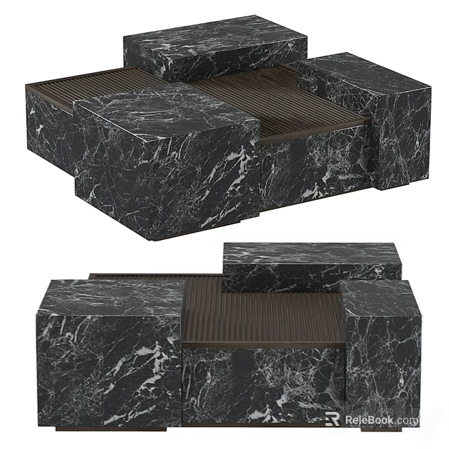 Elegant Modern Black Marble Coffee Table With Modular Design And Wood Accents 3d model 