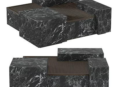 Elegant Modern Black Marble Coffee Table With Modular Design And Wood Accents 3d model