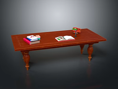Wooden Long Table with Stacked Books Open Magazine and Small Toy Car 3d model