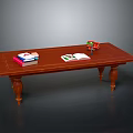 Wooden Long Table with Stacked Books Open Magazine and Small Toy Car