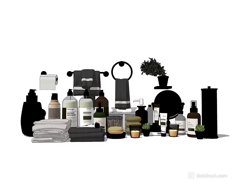 Essential Bathroom Accessories Including Towels Bottles Soap Dishes And Plants 3d model 