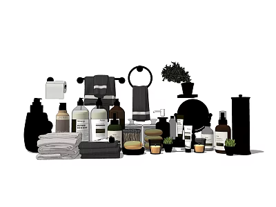Essential Bathroom Accessories Including Towels Bottles Soap Dishes And Plants 3d model