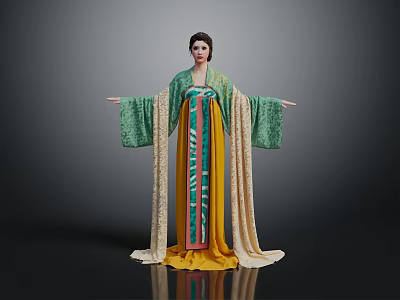 Game Movie Character In Elegant Traditional Green Yellow Flowing Robe With Long Sleeves 3d model