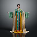 Game Movie Character In Elegant Traditional Green Yellow Flowing Robe With Long Sleeves